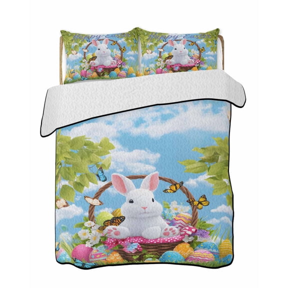 Quilt King Size Bedding Set, Easter Cartoon Bunny Reversible Summer Quilt 3 Pieces, Colorful Eggs Spring Leaves Blue Sky Butterfly Lightweight Bedspreads Coverlets with 2 Pillow Shams for All Seasons