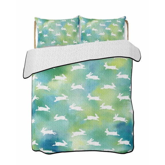 Quilt King Size Bedding Set, Easter Rabbit Silhouette Reversible Summer Quilt 3 Pieces, Spring Bunny Blue Green Ombre Lightweight Bedspreads Coverlets with 2 Pillow Shams for All Seasons