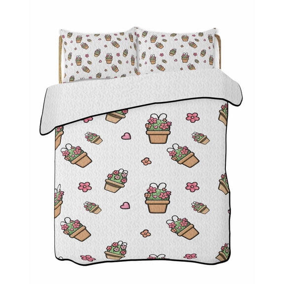 Quilt King Size Bedding Set, Easter Rabbits Ears Reversible Summer Quilt 3 Pieces, Spring Cactus Potted Plant Flowers Lightweight Bedspreads Coverlets with 2 Pillow Shams for All Seasons