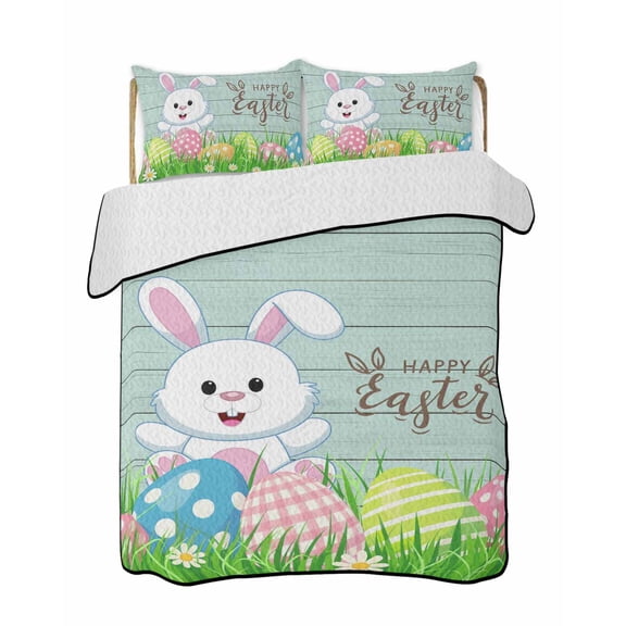 Quilt King Size Bedding Set, Easter Rabbits Reversible Summer Quilt 3 Pieces, Watercolor Eggs Cute Bunny Grass Flowers Blue Lightweight Bedspreads Coverlets with 2 Pillow Shams for All Seasons