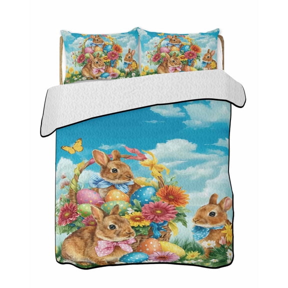 Quilt King Size Bedding Set, Easter Reversible Summer Quilt 3 Pieces, Country Spring Rabbit Flowers Eggs Blue Sky Lightweight Bedspreads Coverlets with 2 Pillow Shams for All Seasons