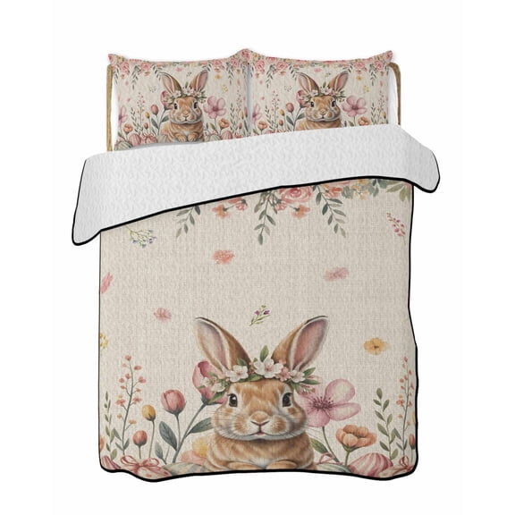Quilt King Size Bedding Set, Easter Reversible Summer Quilt 3 Pieces, Rustic Spring Rabbit Eggs Botanical Florals Herbs Lightweight Bedspreads Coverlets with 2 Pillow Shams for All Seasons