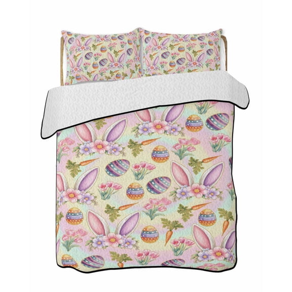 Quilt King Size Bedding Set, Easter Reversible Summer Quilt 3 Pieces, Spring Colorful Rabbit Ears Eggs Flowers Carrots Lightweight Bedspreads Coverlets with 2 Pillow Shams for All Seasons