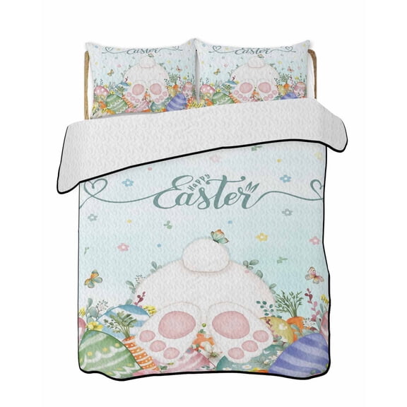 Quilt King Size Bedding Set, Easter Reversible Summer Quilt 3 Pieces, Spring Rabbit Feet Eggs Botanical Flowers Butterfly Lightweight Bedspreads Coverlets with 2 Pillow Shams for All Seasons