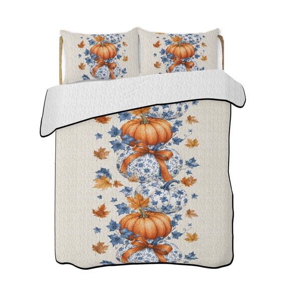 Quilt King Size Bedding Set, Fall Orange Blue Pumpkins Reversible Summer Quilt 3 Pieces, Thanksgiving Autumn Leaf Beige Lightweight Bedspreads Coverlets with 2 Pillow Shams for All Seasons