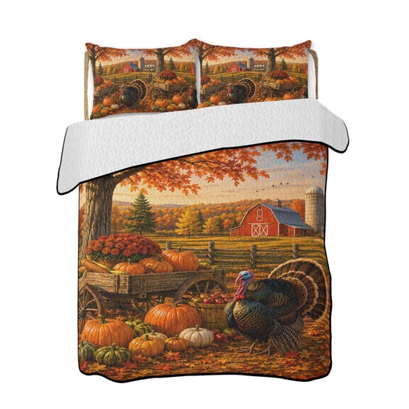 Quilt King Size Bedding Set, Fall Turkey Reversible Summer Quilt 3 Pieces, Thanksgiving Country Pumpkins Maple Leaves Lightweight Bedspreads Coverlets with 2 Pillow Shams for All Seasons