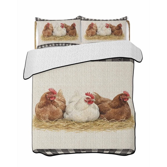 Quilt King Size Bedding Set, Farmhouse Rooster Reversible Summer Quilt 3 Pieces, Country Chicken Animals Vintage Buffalo Check Lightweight Bedspreads Coverlets with 2 Pillow Shams for All Seasons