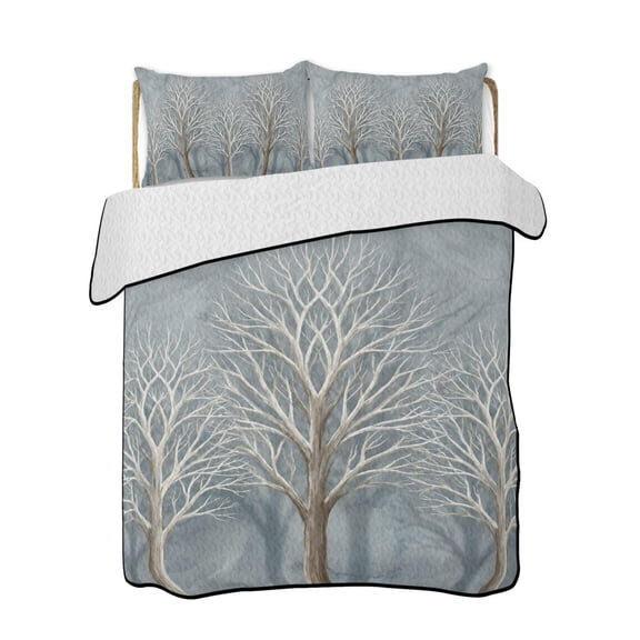Quilt King Size Bedding Set, Forest Woodland Reversible Summer Quilt 3 Pieces, Steel Blue Trees Shadows Lightweight Bedspreads Coverlets with 2 Pillow Shams for All Seasons