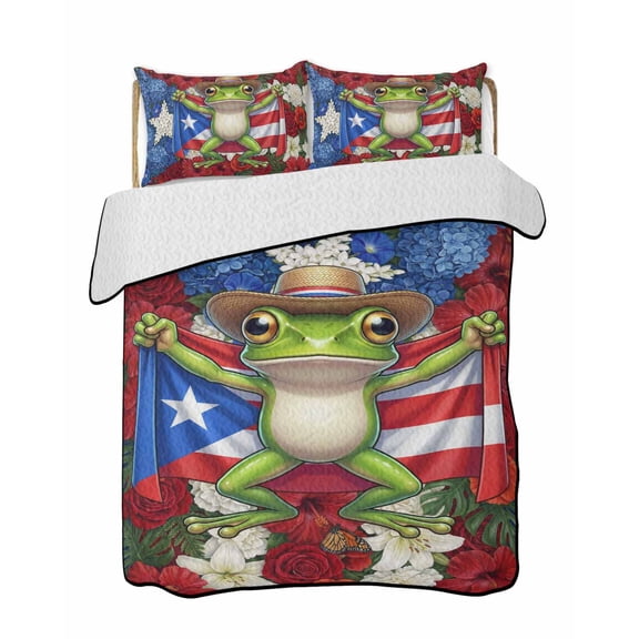 Quilt King Size Bedding Set, Frog Flag Floral Reversible Summer Quilt 3 Pieces, Summer Red Flowers Striped Lightweight Bedspreads Coverlets with 2 Pillow Shams for All Seasons