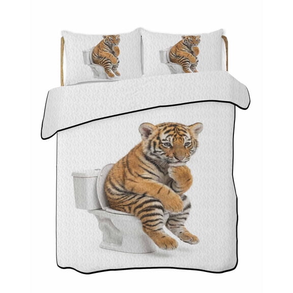 Quilt King Size Bedding Set, Funny Tigers Reversible Summer Quilt 3 Pieces, Cute Art Fun Lovely Animals on Toilets Lightweight Bedspreads Coverlets with 2 Pillow Shams for All Seasons