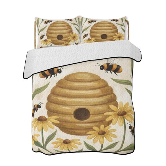 Quilt King Size Bedding Set, Garden Bees Reversible Summer Quilt 3 Pieces, Farmhouse Honeybees Yellow Daisy Lightweight Bedspreads Coverlets with 2 Pillow Shams for All Seasons