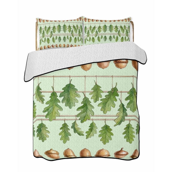 Quilt King Size Bedding Set, Green Botanical Reversible Summer Quilt 3 Pieces, Acorn Spring Summer Plant Leaves Lightweight Bedspreads Coverlets with 2 Pillow Shams for All Seasons