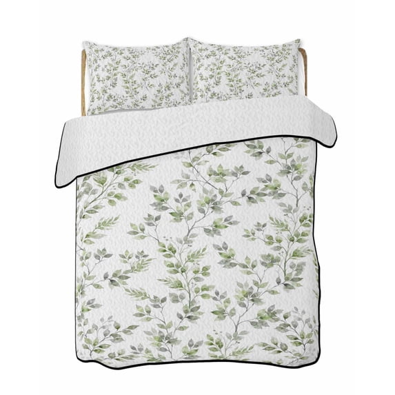 Quilt King Size Bedding Set, Green Leaves Reversible Summer Quilt 3 Pieces, Summer Botanical Elegant Farmhouse Lightweight Bedspreads Coverlets with 2 Pillow Shams for All Seasons