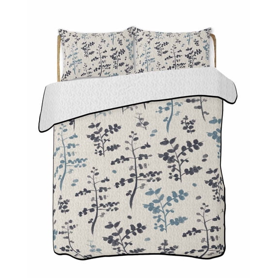 Quilt King Size Bedding Set, Grey Blue Botanical Reversible Summer Quilt 3 Pieces, Rustic Country Spring Floral Summer Leaf Lightweight Bedspreads Coverlets with 2 Pillow Shams for All Seasons