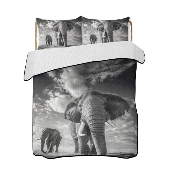 Quilt King Size Bedding Set, Grey Elephant Reversible Summer Quilt 3 Pieces, Modern Art Contemporary Luxury Lightweight Bedspreads Coverlets with 2 Pillow Shams for All Seasons