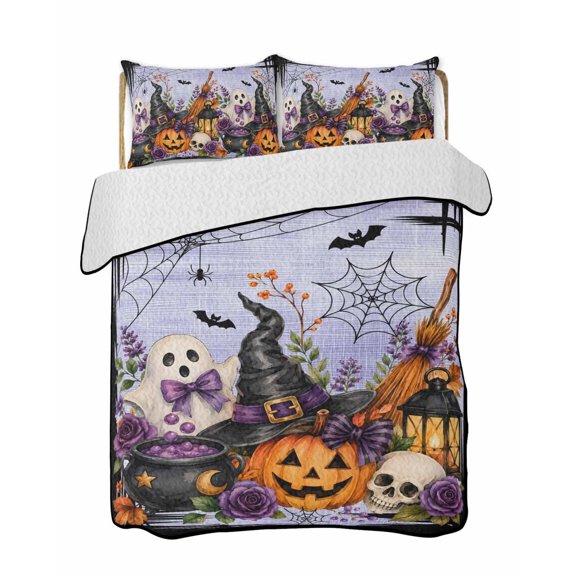 Quilt King Size Bedding Set, Halloween Reversible Summer Quilt 3 Pieces, Horror Ghost Pumpkins Floral Bats Witch Hat Purple Lightweight Bedspreads Coverlets with 2 Pillow Shams for All Seasons