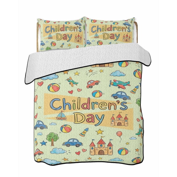 Quilt King Size Bedding Set, Happy Children's Day Reversible Summer Quilt 3 Pieces, Cartoon Castle Childhood Innocence Lightweight Bedspreads Coverlets with 2 Pillow Shams for All Seasons