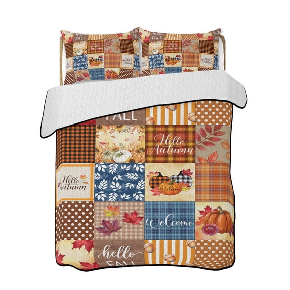 Quilt King Size Bedding Set, Hello Fall Checked Reversible Summer Quilt 3 Pieces, Thanksgiving Pumpkins Buffalo Plaid Lightweight Bedspreads Coverlets with 2 Pillow Shams for All Seasons