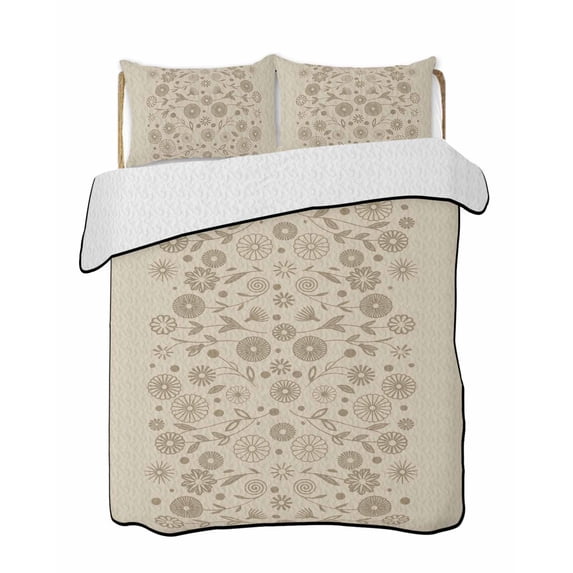 Quilt King Size Bedding Set, Japanese Reversible Summer Quilt 3 Pieces, Beige Farmhouse Retro Floral Leaf Pattern Lightweight Bedspreads Coverlets with 2 Pillow Shams for All Seasons
