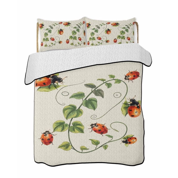 Quilt King Size Bedding Set, Ladybugs Eucalyptus Reversible Summer Quilt 3 Pieces, Spring Botanical Leaves Green Lightweight Bedspreads Coverlets with 2 Pillow Shams for All Seasons
