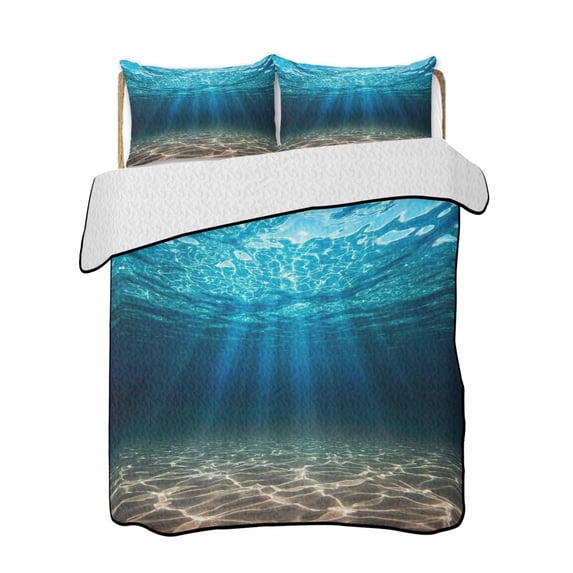 Quilt King Size Bedding Set, Light Blue Ocean Waves Reversible Summer Quilt 3 Pieces, Summer Beach Coastal Abstract Lightweight Bedspreads Coverlets with 2 Pillow Shams for All Seasons
