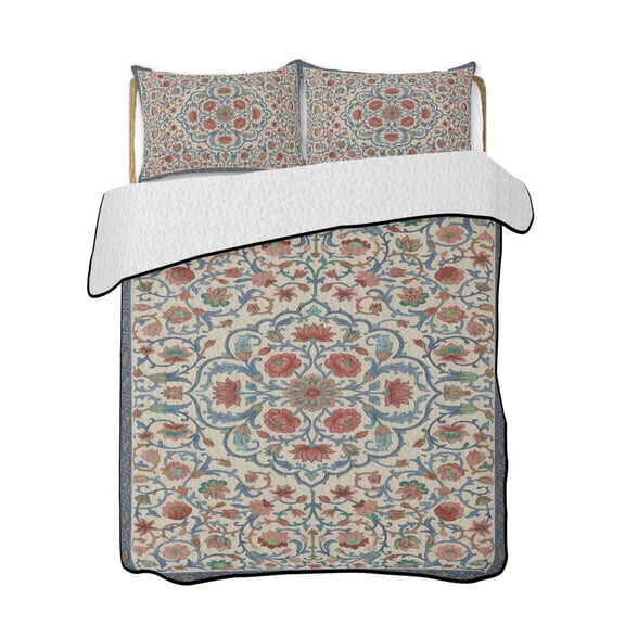 Quilt King Size Bedding Set, Mediterranean Reversible Summer Quilt 3 Pieces, Vintage Bohemia Ethnic Peony Flower Lightweight Bedspreads Coverlets with 2 Pillow Shams for All Seasons