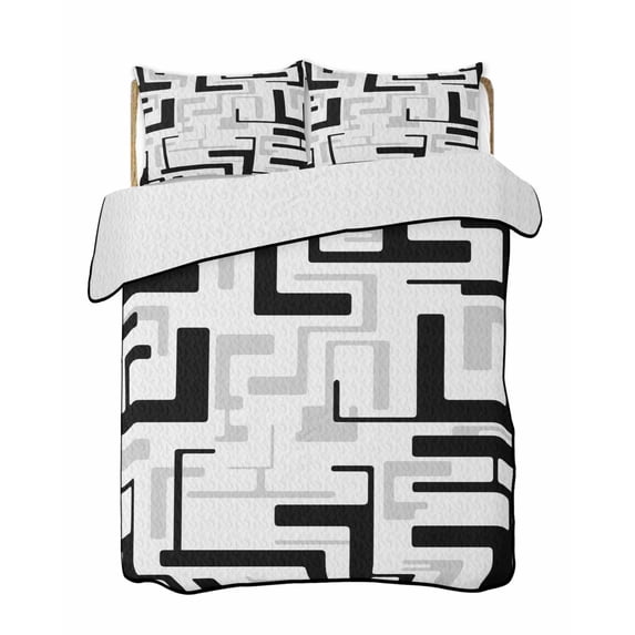 Quilt King Size Bedding Set, Modern Geometric Black Reversible Summer Quilt 3 Pieces, Abstract Minimalist Artwork Lines Lightweight Bedspreads Coverlets with 2 Pillow Shams for All Seasons