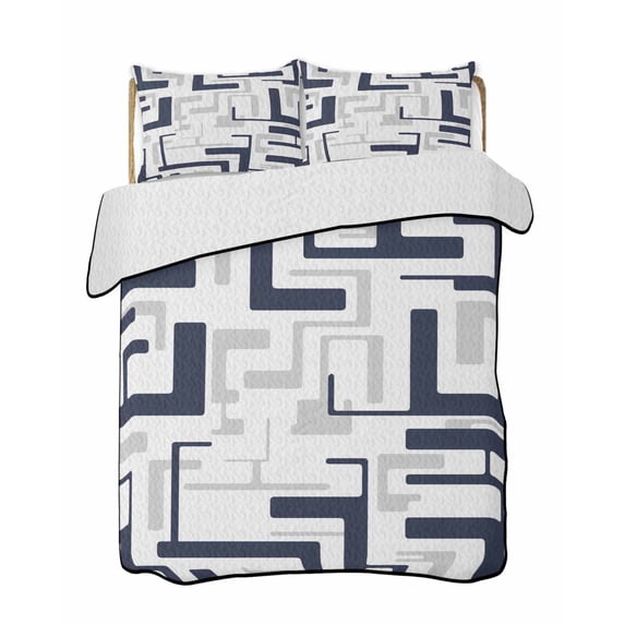 Quilt King Size Bedding Set, Modern Geometric Navy Blue Reversible Summer Quilt 3 Pieces, Abstract Minimalist Artwork Lines Lightweight Bedspreads Coverlets with 2 Pillow Shams for All Seasons