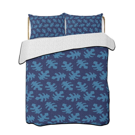 Quilt King Size Bedding Set, Monstera Leaves Print Reversible Summer Quilt 3 Pieces, Summer Tropical Plants Boho Blue Lightweight Bedspreads Coverlets with 2 Pillow Shams for All Seasons