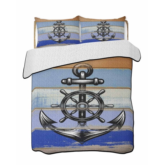 Quilt King Size Bedding Set, Nautical Anchor Reversible Summer Quilt 3 Pieces, Vintage Navy Blue Wooden Boards Country Lightweight Bedspreads Coverlets with 2 Pillow Shams for All Seasons