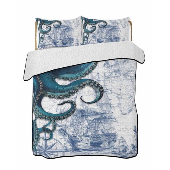 Quilt King Size Bedding Set, Nautical Blue Octopus Reversible Summer Quilt 3 Pieces, Coastal Ocean Summer Boat Lightweight Bedspreads Coverlets with 2 Pillow Shams for All Seasons