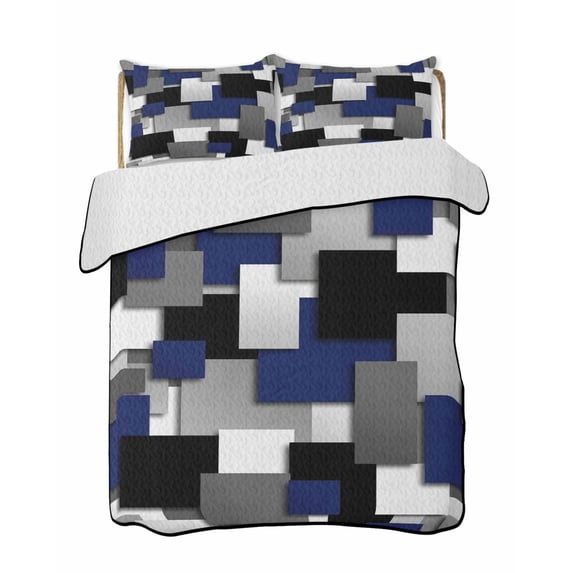 Quilt King Size Bedding Set, Navy Blue Black Geometric Reversible Summer Quilt 3 Pieces, Modern Abstract Art Block Lightweight Bedspreads Coverlets with 2 Pillow Shams for All Seasons
