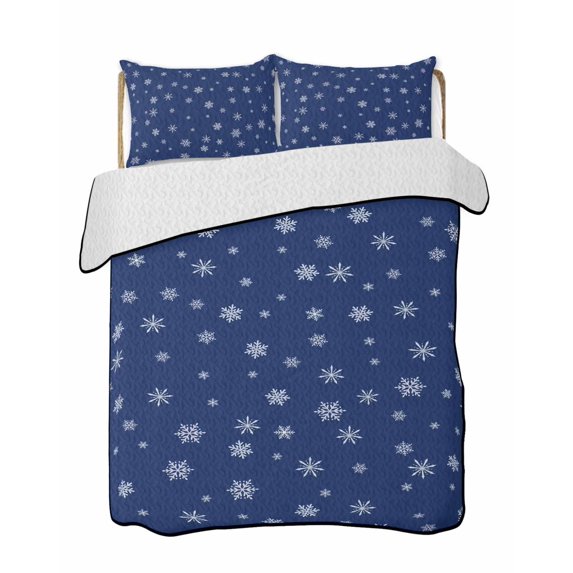Quilt King Size Bedding Set, Navy Blue Christmas Snowflakes Reversible Summer Quilt 3 Pieces, Winter Modern Geometric Lightweight Bedspreads Coverlets with 2 Pillow Shams for All Seasons