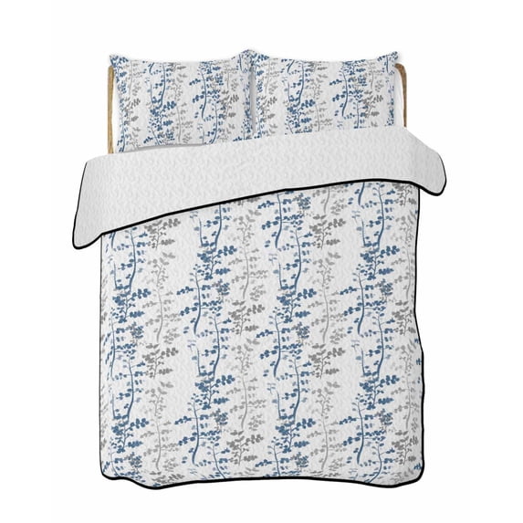 Quilt King Size Bedding Set, Navy Blue Grey Botanical Reversible Summer Quilt 3 Pieces, Spring Floral Summer Farmhouse Lightweight Bedspreads Coverlets with 2 Pillow Shams for All Seasons