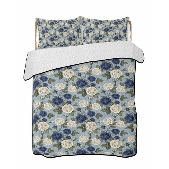 Quilt King Size Bedding Set, Navy Blue White Floral Reversible Summer Quilt 3 Pieces, Vintage Blue Leaves Botanical Lightweight Bedspreads Coverlets with 2 Pillow Shams for All Seasons