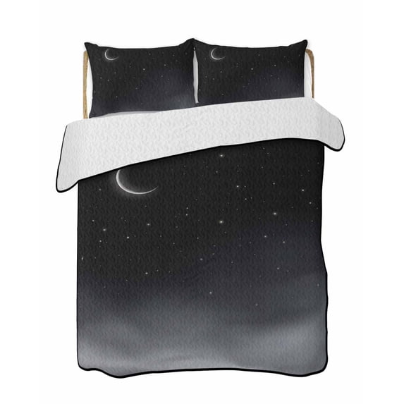 Quilt King Size Bedding Set, Night Stars Moon Reversible Summer Quilt 3 Pieces, Modern Abstract Art Cloud Fog Lightweight Bedspreads Coverlets with 2 Pillow Shams for All Seasons