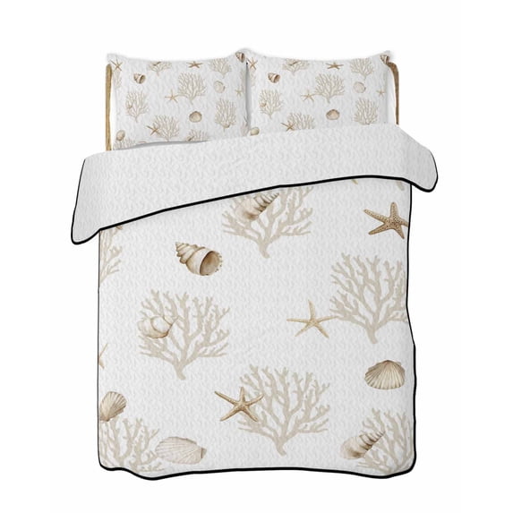 Quilt King Size Bedding Set, Ocean Beige Coral Reversible Summer Quilt 3 Pieces, Summer Coastal Starfish Conch Nautical Lightweight Bedspreads Coverlets with 2 Pillow Shams for All Seasons