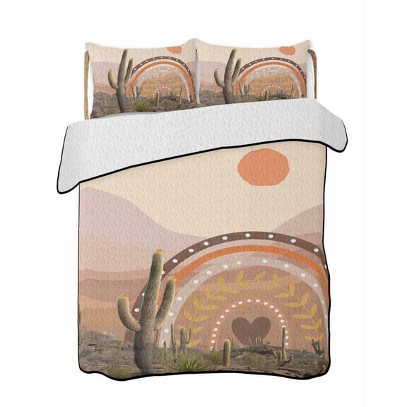 Quilt King Size Bedding Set, Orange Boho Cactus Reversible Summer Quilt 3 Pieces, Tropical Abstract Art Summer Lightweight Bedspreads Coverlets with 2 Pillow Shams for All Seasons