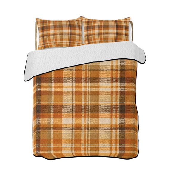 Quilt King Size Bedding Set, Orange Checked Fall Reversible Summer Quilt 3 Pieces, Thanksgiving Buffalo Plaid Lightweight Bedspreads Coverlets with 2 Pillow Shams for All Seasons
