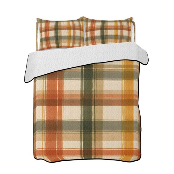 Quilt King Size Bedding Set, Orange Green Checked Reversible Summer Quilt 3 Pieces, Fall Thanksgiving Buffalo Plaid Lightweight Bedspreads Coverlets with 2 Pillow Shams for All Seasons