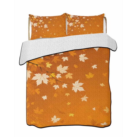 Quilt King Size Bedding Set, Orange Maple Leaves Fall Reversible Summer Quilt 3 Pieces, Thanksgiving Branches Lightweight Bedspreads Coverlets with 2 Pillow Shams for All Seasons