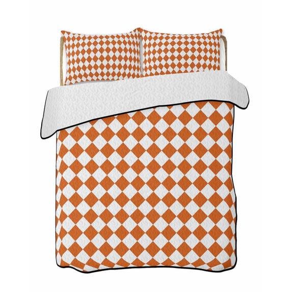 Quilt King Size Bedding Set, Orange Plaid Reversible Summer Quilt 3 Pieces, Modern Minimalist Geometric Gingham Checkered Lightweight Bedspreads Coverlets with 2 Pillow Shams for All Seasons