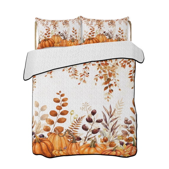 Quilt King Size Bedding Set, Orange Pumpkins Fall Reversible Summer Quilt 3 Pieces, Thanksgiving Eucalyptus Leaf Botanical Lightweight Bedspreads Coverlets with 2 Pillow Shams for All Seasons