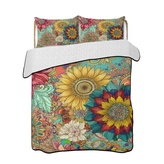 Quilt King Size Bedding Set, Paisley Flowers Boho Reversible Summer Quilt 3 Pieces, Vintage Abstract Floral Blossom Lightweight Bedspreads Coverlets with 2 Pillow Shams for All Seasons