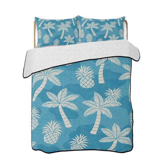 Quilt King Size Bedding Set, Palm Trees Pineapples Reversible Summer Quilt 3 Pieces, Blue Tropical Coastal Plants Lightweight Bedspreads Coverlets with 2 Pillow Shams for All Seasons