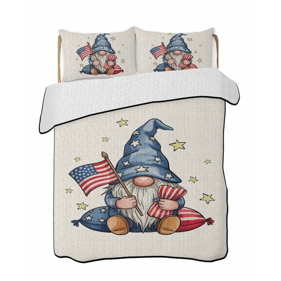 Quilt King Size Bedding Set, Patriotic Gnomes Reversible Summer Quilt 3 Pieces, Independence 250 Memorial Vintage Beige Lightweight Bedspreads Coverlets with 2 Pillow Shams for All Seasons