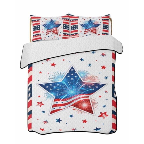 Quilt King Size Bedding Set, Patriotic USA Flag Reversible Summer Quilt 3 Pieces, Memorial Blue Red Star Lines Lightweight Bedspreads Coverlets with 2 Pillow Shams for All Seasons