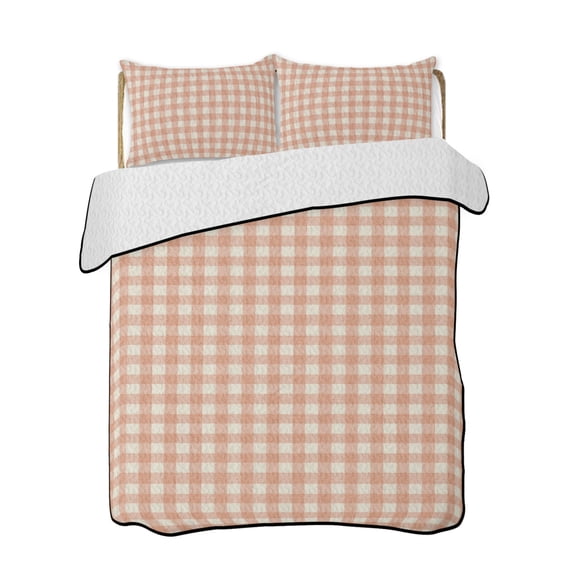 Quilt King Size Bedding Set, Peach Pink Plaid Reversible Summer Quilt 3 Pieces, Gingham Checked Minimalist Modern Lightweight Bedspreads Coverlets with 2 Pillow Shams for All Seasons