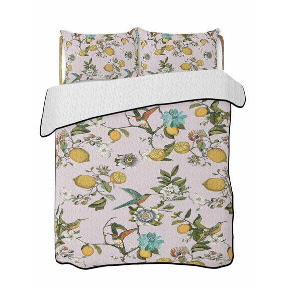 Quilt King Size Bedding Set, Pink Botanical Reversible Summer Quilt 3 Pieces, Spring Floral Summer Lemon Birds Lightweight Bedspreads Coverlets with 2 Pillow Shams for All Seasons