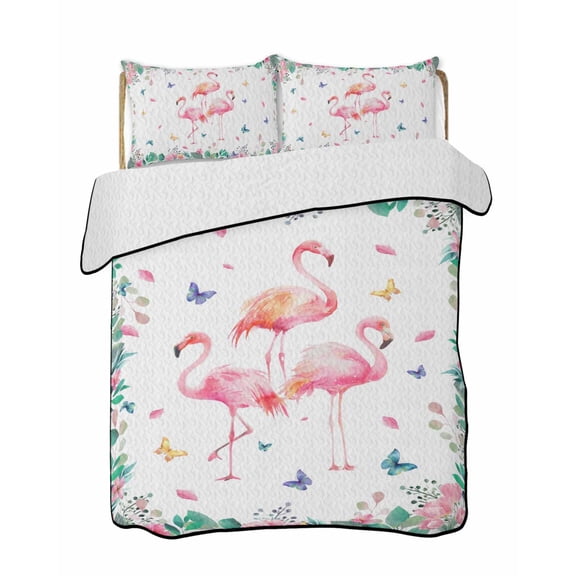Quilt King Size Bedding Set, Pink Flamingo Reversible Summer Quilt 3 Pieces, Tropical Botanical Summer Butterfly Flower Lightweight Bedspreads Coverlets with 2 Pillow Shams for All Seasons